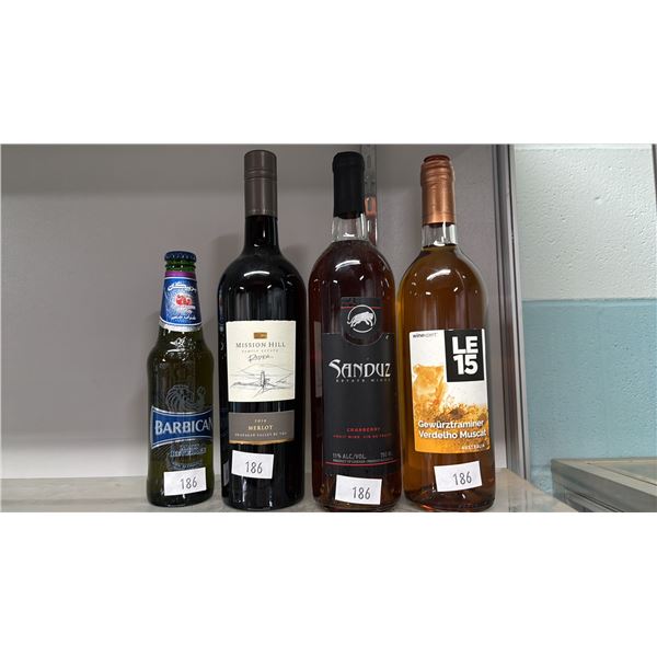 BARBICAN MALT BEVERAGE, MISSION HILL MERLOT, LE 15 GEWURZTRAMINER & SANDUZ CRANBERRY WINE
