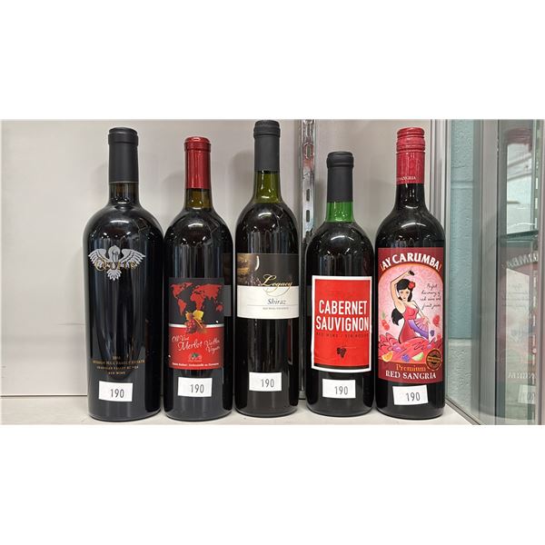 5 BOTTLES OF ASSORTED RED WINE: OCULUS, OLD VINE MERLOT, LEGACY SHIRAZ & MORE