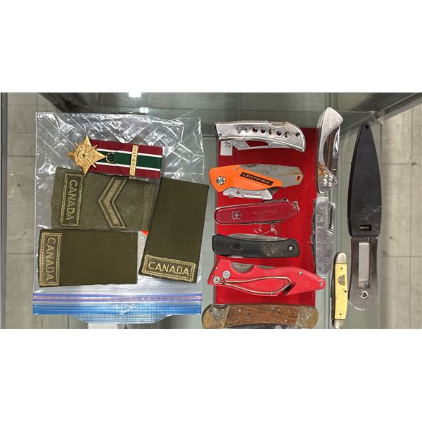 CANADIAN MILITARY PATCHES, CANADIAN GENERAL SERVICE AWARD THROWING KNIFE & ASSORTED SWITCHBLADES