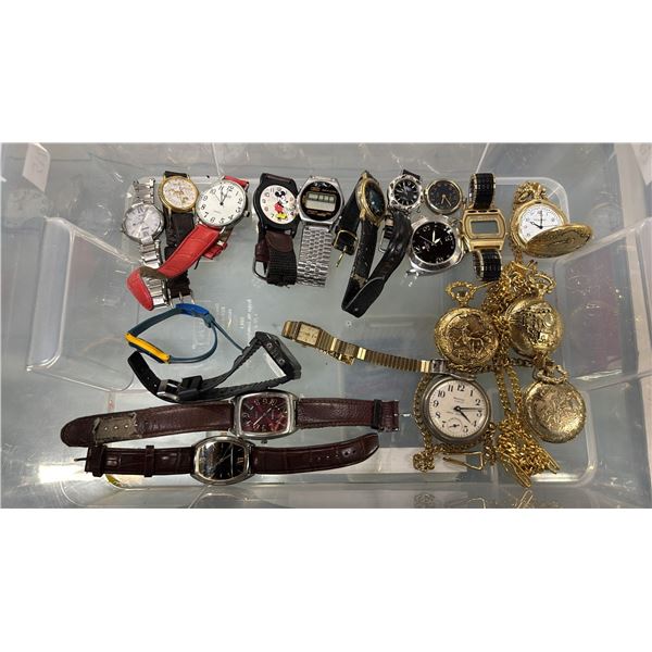 PLASTIC TOTE OF ASSORTED WATCHES & STOP WATCHES