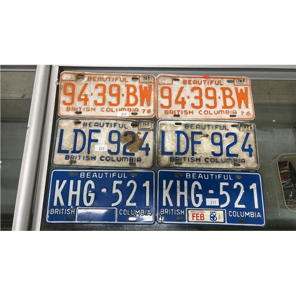 3 PAIRS OF VINTAGE BC LICENSE PLATES - 1986 & TWO 1978