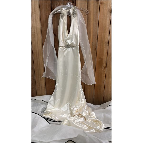 SIZE 6  HALTER STYLE WEDDING DRESS  WITH BEADED WAIST & SHOULDERS IN GARMENT BAG