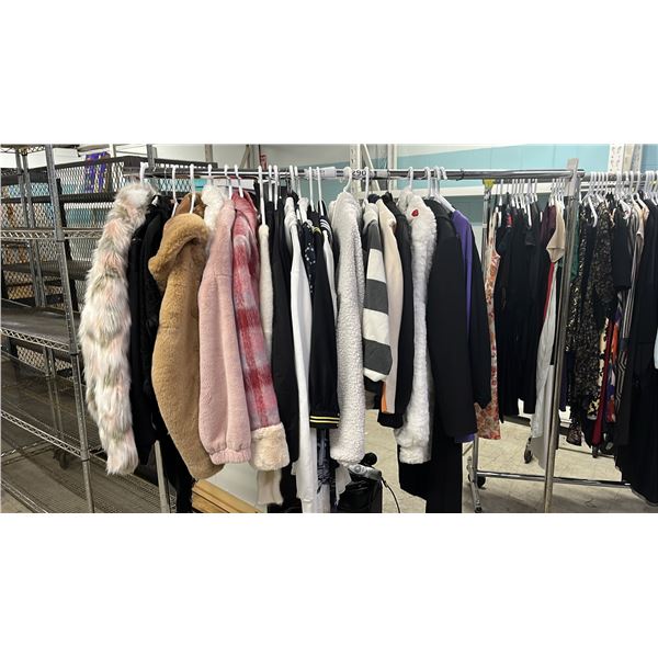 RACK OF ASSORTED LADIES JACKETS, COATS & SWEATERS: MOST ARE SIZE S/SX *RACK NOT INCLUDED*