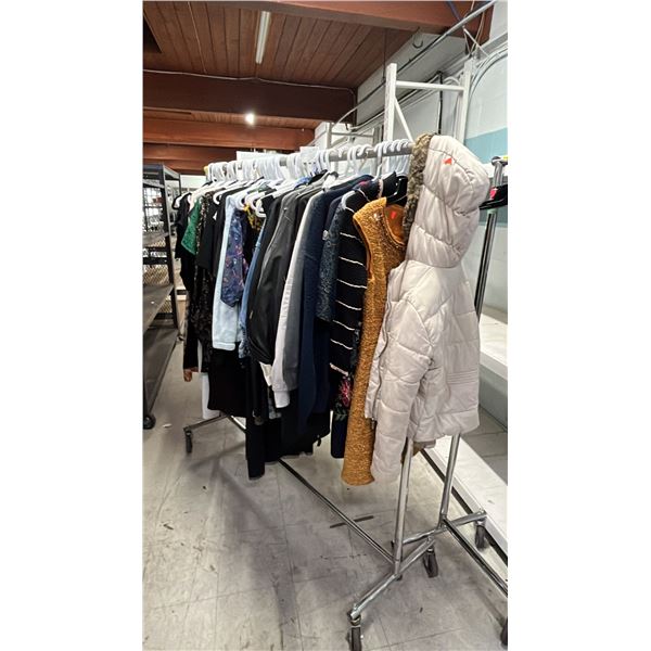 RACK OF ASSORTED LADIES DRESSES, JACKETS & COATS: MOST ARE SIZE S/XS *RACK NOT INCLUDED*