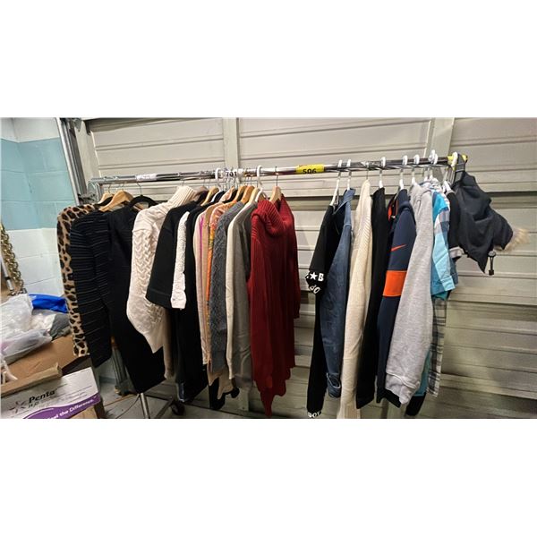 RACK OF ASSORTED CLOTHING: SWEATERS, JACKETS & DRESSES *RACK NOT INCLUDED*