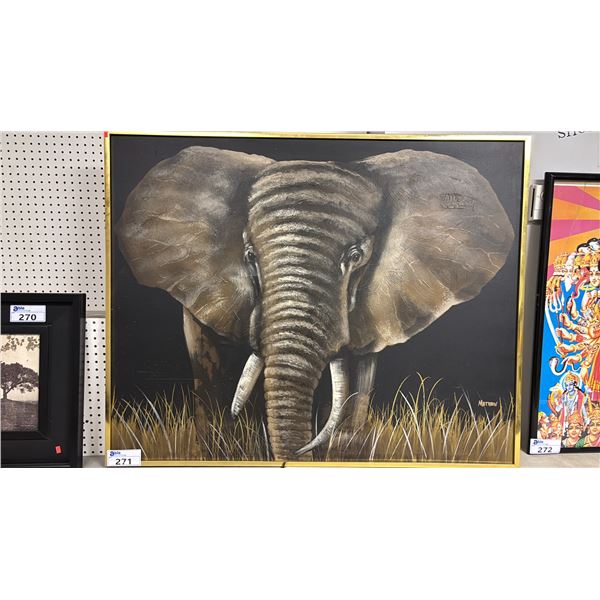 LARGE FRAMED ELEPHANT PAINTING SIGNED MATTHEW - 50" X 40"