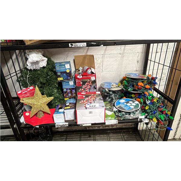 SHELF OF ASSORTED CHRISTMAS LIGHTS, STAR TREE TOPPER & PINE GARLAND