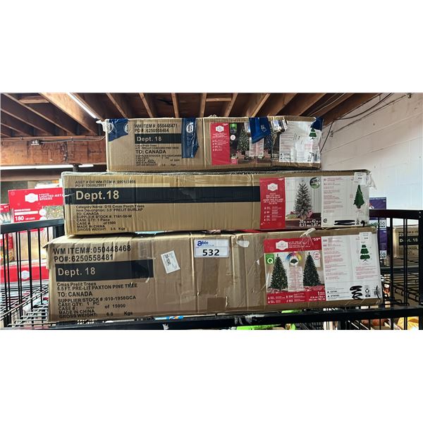 4' CONCORD PINE TREE,  3.5' BURLAP TREE & 6.5' PAXTON PINE TREE - ALL PRE-LIT