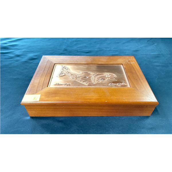ROXANA LEASK "SALMON & EAGLE" COPPER AND WOOD WEST COAST FIRST NATIONS LIDDED KEEPSAKE BOX