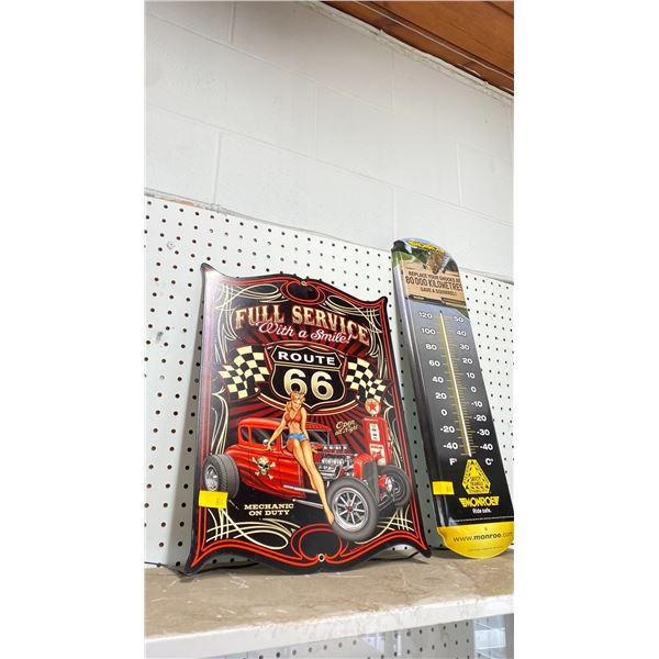 HEAVY METAL ROUTE 66 SIGN AND MONROE SHOCKS TIN THERMOMETER SIGN