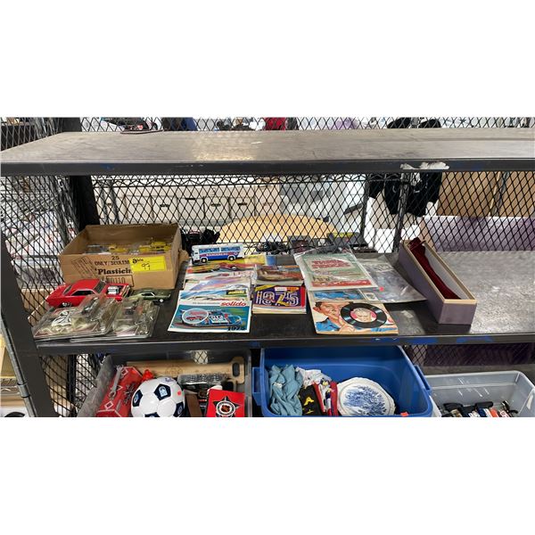 SHELF OF ASSORTED DIE-CAST VEHICLES, VINTAGE TOY CAR CATALOGUES, HOT WHEELS PATCH, ALIVAND'S WAND,