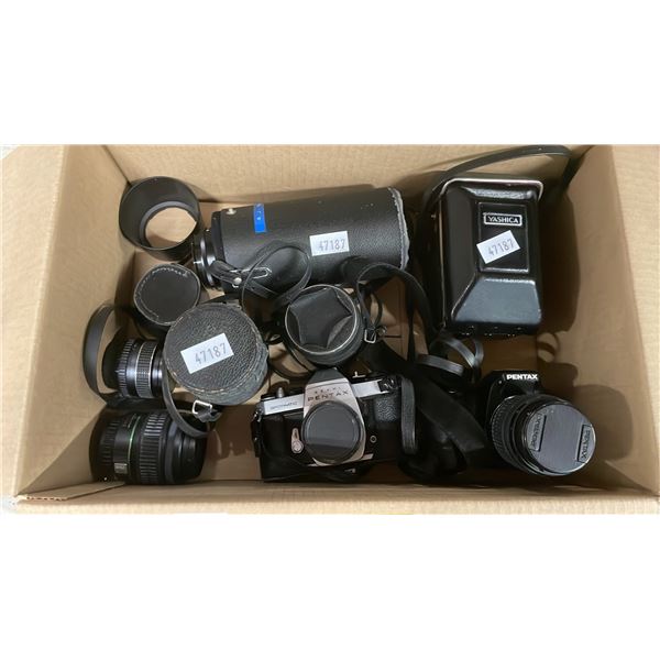 BOX OF CAMERAS (1 DIGITAL & 2 FILM) & ASSORTED CAMERA LENSES