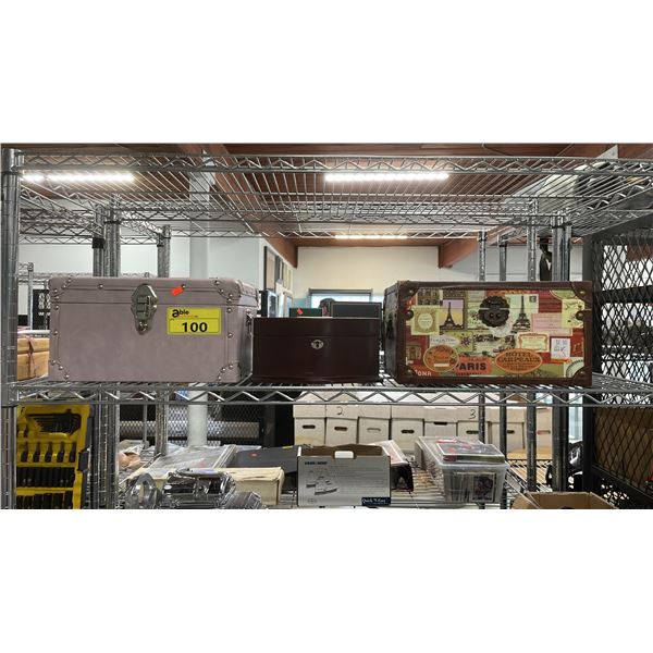 JEWELRY BOX WITH CONTENTS & 2 DECORATIVE STORAGE BOXES