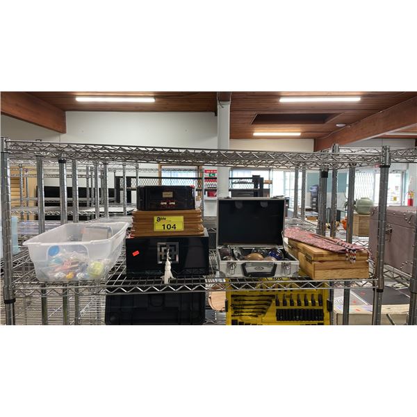 SHELF OF JEWELRY BOXES, FEATHERS, BOX OF STONE EGGS & PAPER WEIGHTS & TOTE OF SMALL TOYS