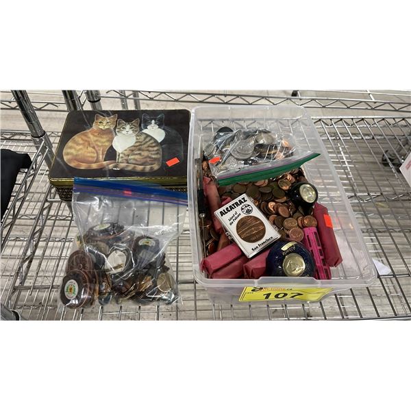 TOTE OF ASSORTED PENNIES & WORLD COINS, TIN OF ASSORTED TOKENS & COLLECTION OF MEDALS & PINS