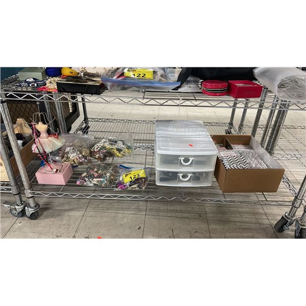 SHELF OF ASSORTED FASHION JEWELRY, SOUTH HILL DESIGN BOXES (MOST ARE EMPTY) & JEWELRY FINDINGS