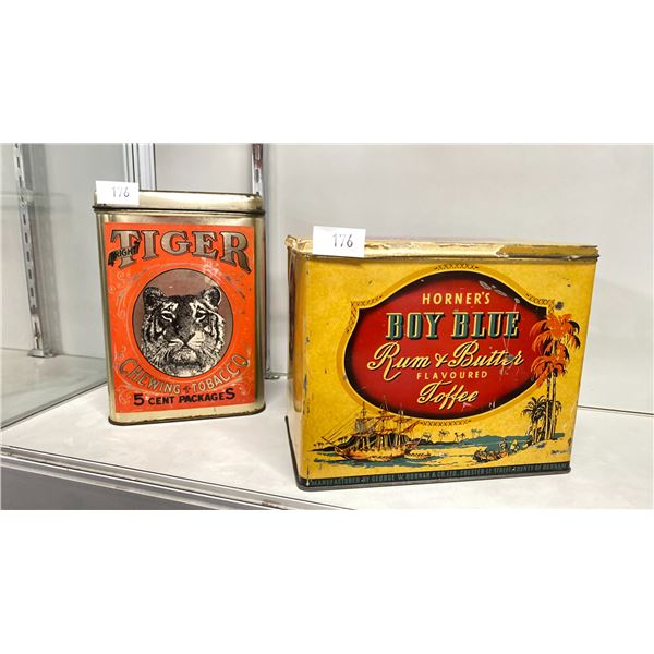 2 ANTIQUE ADVERTISING COLLECTORS TINS - BRIGHT TIGER CHEWING TOBACCO & BLUE BOY TOFFEE