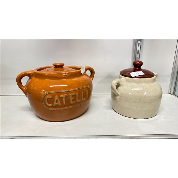 2 ANTIQUE MEDALTA STONEWARE BEAN POTS