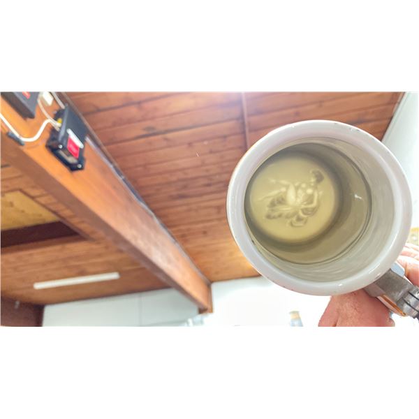 REGIMENTAL PORCELAIN BEER STEIN WITH DANCING GIRL LITHOPHANE BOTTOM - MADE IN GERMANY