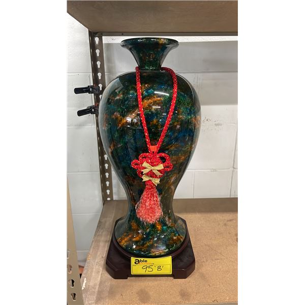 LARGE HEAVY 20.5" TALL ASIAN VASE ON ROTATING WOOD PEDESTAL