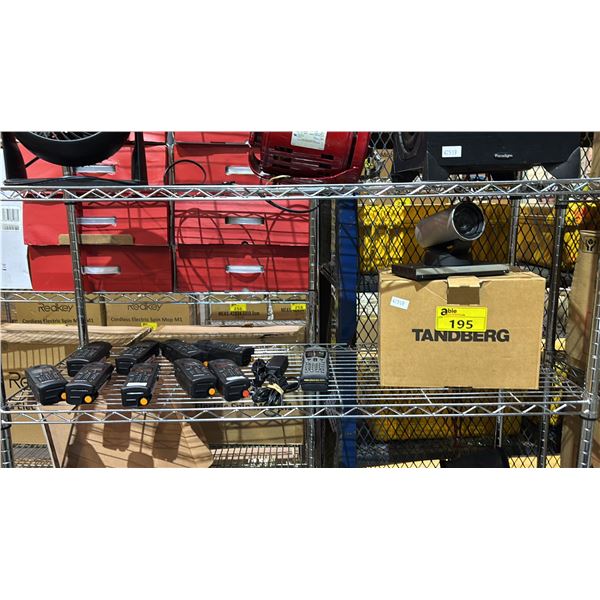 TANDBERG 1080P CAMERA & SHELF OF ASSORTED SATELLITE PHONES *NO CHARGERS*