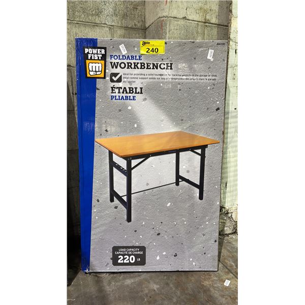 POWERFIST FOLDABLE WORKBENCH WITH STEEL FRAME & WOOD TOP WITH A MAX CAPACITY OF 220 LBS - APPROX.