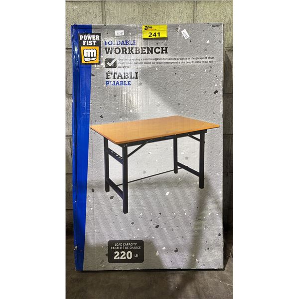 POWERFIST FOLDABLE WORKBENCH WITH STEEL FRAME & WOOD TOP WITH A MAX CAPACITY OF 220 LBS - APPROX.