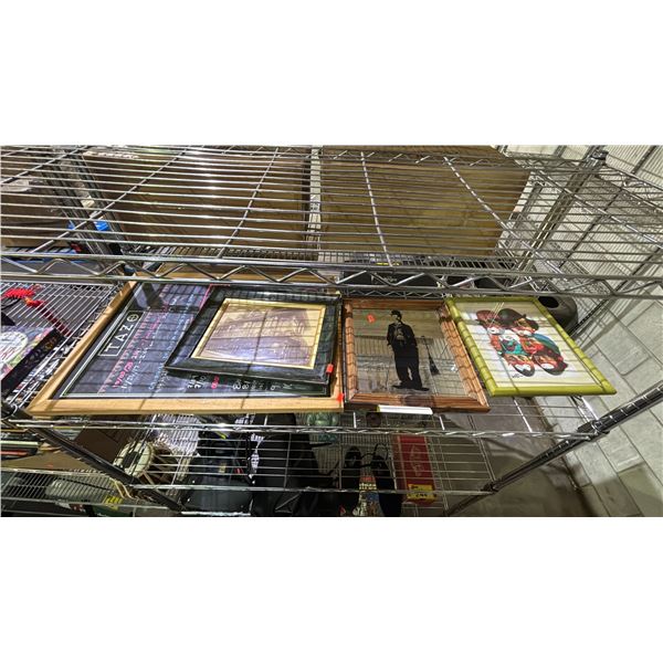 SHELF OF FRAMED ARTWORK & A CHALKBOARD