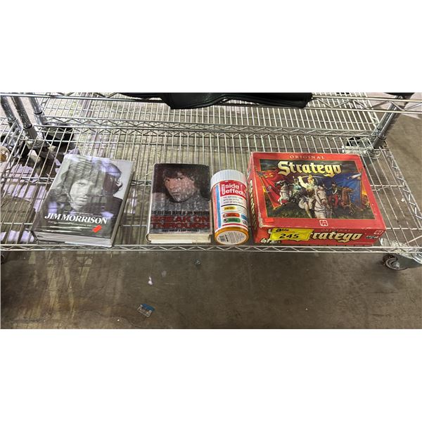 STRATEGO BOARD GAME, SIDE EFFECTS GUESSING GAME & TWO JIM MORRISON BOOKS