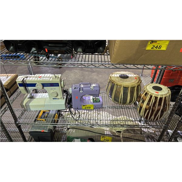 TWO SEWING MACHINES & TWO DECORATIVE DRUMS