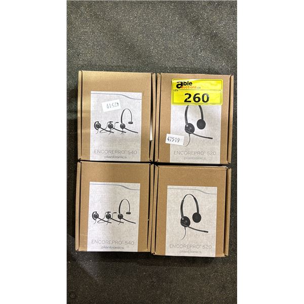 TWO PLANTRONICS ENCORE PRO 520 HEADSETS & TWO PLANTRONICS ENCORE PRO 540 CONVERTIBLE HEADSETS