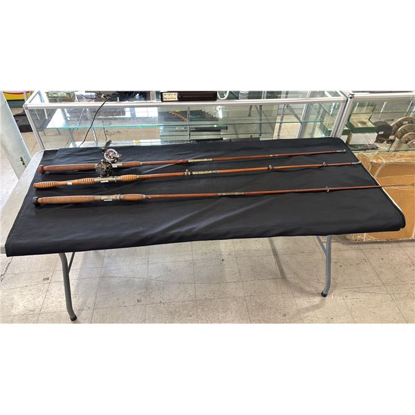 THREE ANTIQUE BAMBOO FISHING RODS WITH 2 REELS