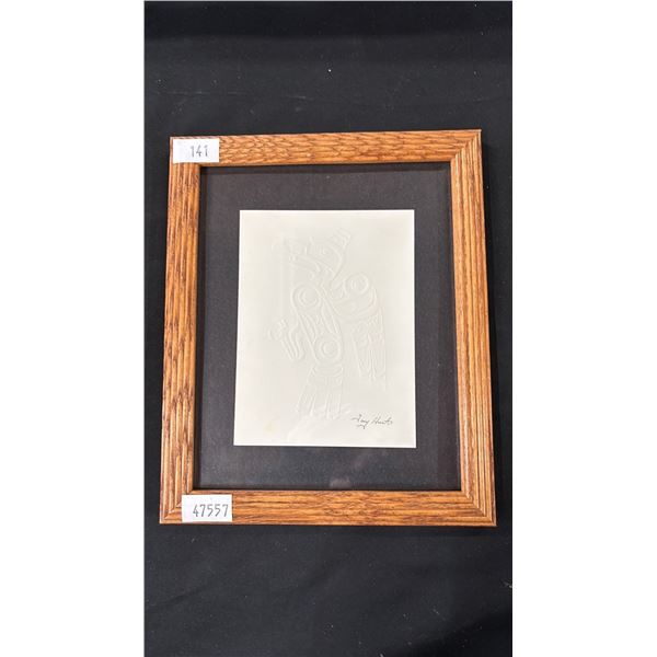 EMBOSSED FRAMED NATIVE ARTWORK SIGNED BY TONY HUNT - 9 1/2"W X 11 1/2"H