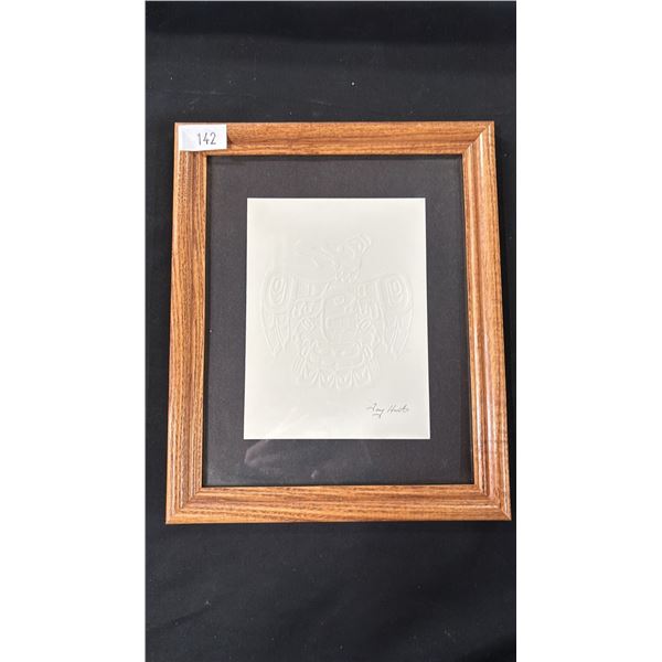 EMBOSSED FRAMED NATIVE ARTWORK SIGNED BY TONY HUNT - 9 1/2"W X 11 1/2"H