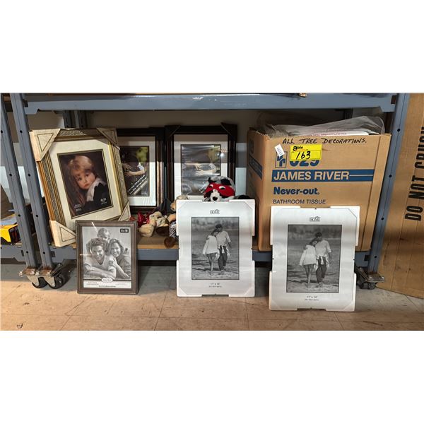 BOX OF CHRISTMAS DECORATIONS & ASSORTED PICTURE FRAMES