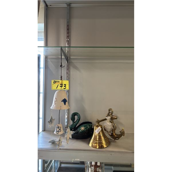 WINDCHIME, BLUE MOUNTAIN POTTERY DECORATIVE SWAN & A BRASS WALL MOUNTABLE BELL