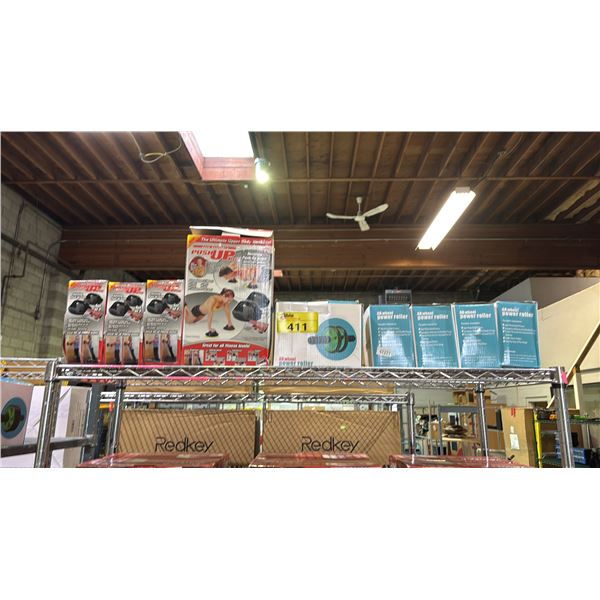 SHELF OF PUSH UP PROS & AB WHEEL POWER ROLLERS
