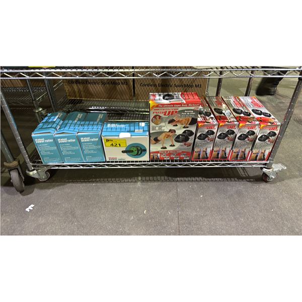 SHELF OF PUSH UP PROS & AB WHEEL POWER ROLLERS