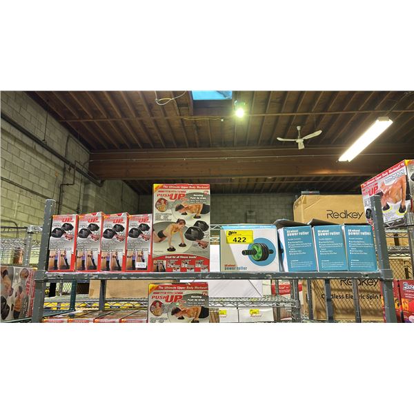 SHELF OF PUSH UP PROS & AB WHEEL POWER ROLLERS