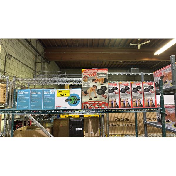 SHELF OF PUSH UP PROS & AB WHEEL POWER ROLLERS