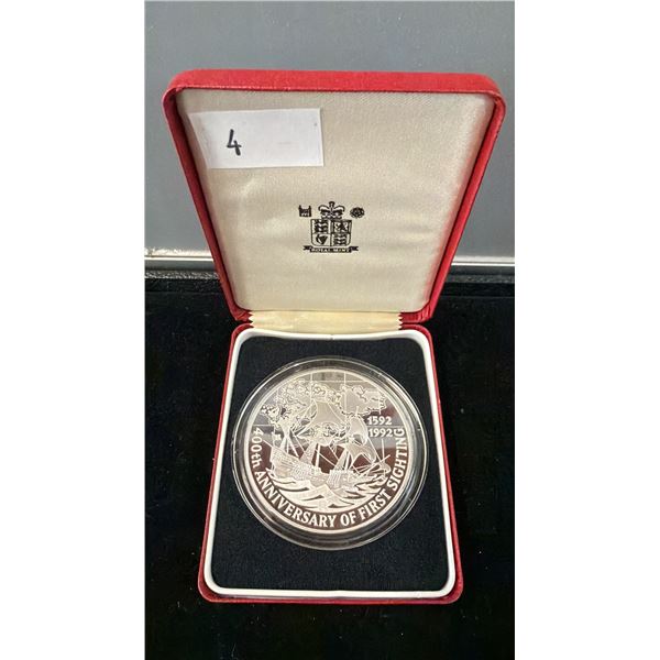 ROYAL MINT 5 OUNCE .999 SILVER COIN - 400TH ANNIVERSARY OF FIRST SIGHTING 1592-1992 25 POUND COIN