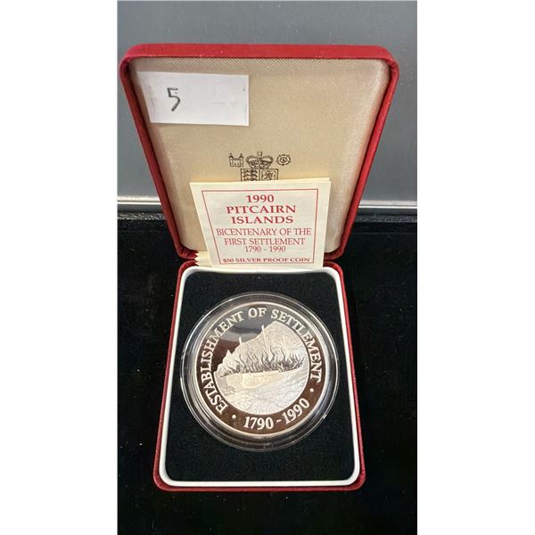 ROYAL MINT 5 OUNCE .999 SILVER COIN - ESTABLISHMENT OF SETTLEMENT 1790-1990 50 DOLLAR COIN