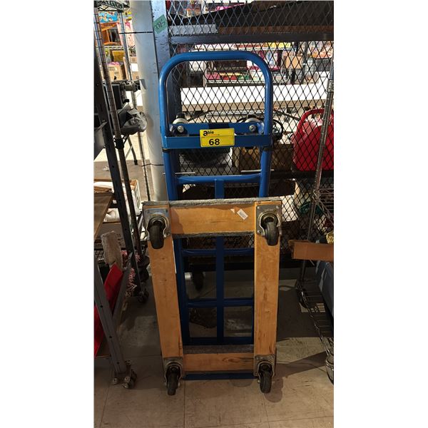 BLUE FOUR WHEEL FURNITURE DOLLY & A FOUR WHEEL WOODEN DOLLY
