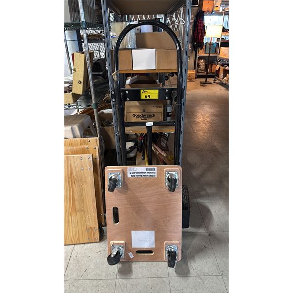 BLACK FOUR WHEEL FURNITURE DOLLY & A FOUR WHEEL WOODEN DOLLY