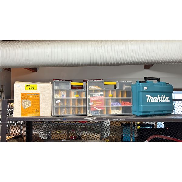 SHELF OF ASSORTED SMALL PARTS ORGANIZERS & A EMPTY MAKITA CASE