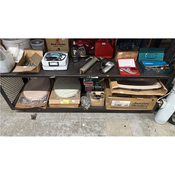 SHELF OF ASSORTED TOILET SEATS, TWO SINKS, FAUCET & ACCESSORIES