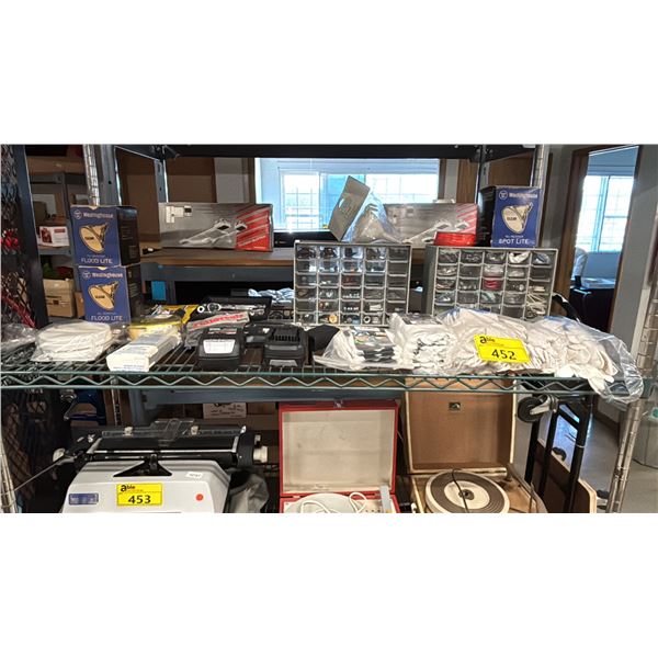 TWO SMALL PARTS ORGANIZERS WITH CONTENTS, ASSORTED WORK GLOVES, 32V LITHIUM BATTERIES, FLOOD