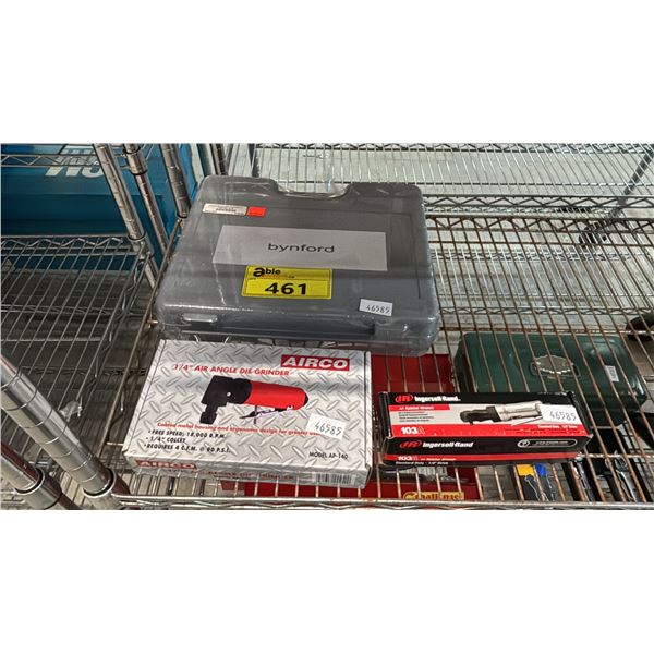 BYNFORD BRAD NAILER IN A HARD TRANSPORT CASE, AIRCO 1/4" AIR ANGLE DIE GRINDER & A INGERSOLL RAND