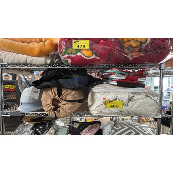 PHILLIPS GARMENT STEAMER, ASSORTED BLANKETS, BAGS & MORE