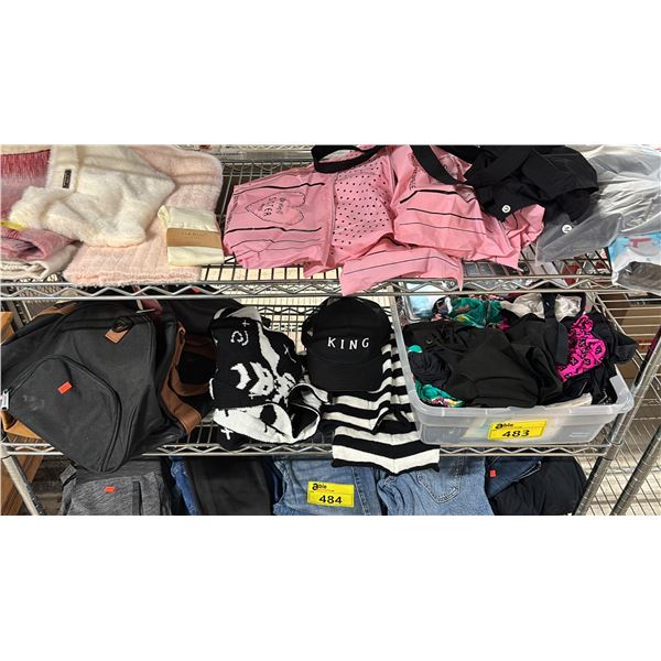 SHELF OF ASSORTED CLOTHING, BAG, HAT & MORE